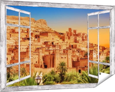 Gards Tuinposter Doorkijk Kasbah Ait Ben Haddou Stad in Marokko - 150x100 cm - Tuindoek - Tuindecoratie - Wanddecoratie buiten - Tuinschilderij