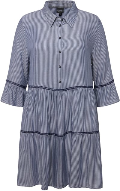 Ulla Popken - Dames - Jurk geborduurde bandjes A-lijn overhemdkraag 3/4-mouwen - Donkerblauw - Maat 46+