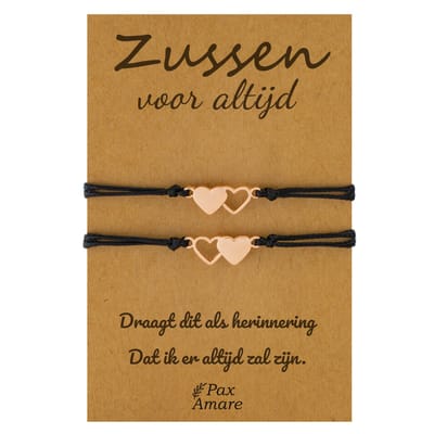 Vriendschapsarmbandjes voor 2 "Zussen voor altijd" - Hartjes - BFF Armbandjes met Cadeau Kaartje - Rosé Goud & Zwart - Elastisch Verstelbaar - Pax Amare