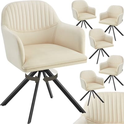 tectake® Fluwelen draaistoel - Bureaustoel - Eetkamerstoel met armleuningen - Fluwelen bureaustoel, keukenstoel, woonkamerstoel - 56 x 59 x 81 cm - Set van 6 - Creme/zwart