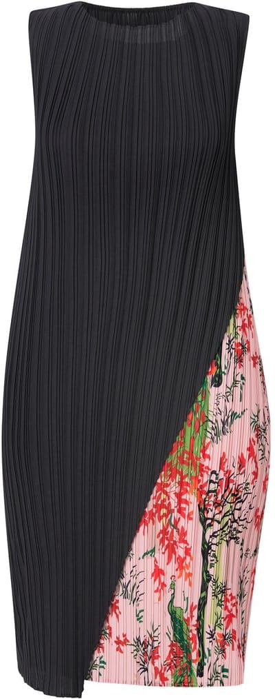 Ulla Popken - Dames - Geplooide midi-jurk dubbellaags ronde hals mouwloos - Zwart - Maat 46+