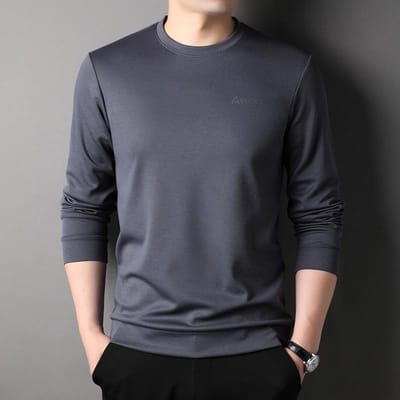 Modieus T-shirt met ronde hals in Koreaanse stijl met lange mouwen voor heren, Nieuwe lentestijl, Knappe effen kleur, Casual losse top, Trendy XXXXL