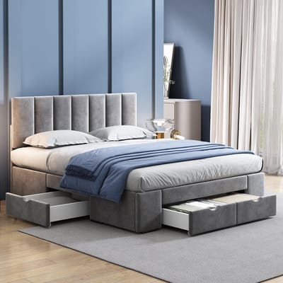 Gestoffeerd Bed - 140x200 cm - Met Lattenbodem en 4 Lades - Fluweel - Grijs