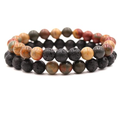 Bixorp Gems Dubbele Natuursteen Armband voor Man & Vrouw - Oranje/Zwart contrast - Edelsteen Armband Cadeau - Lavasteen - 18cm