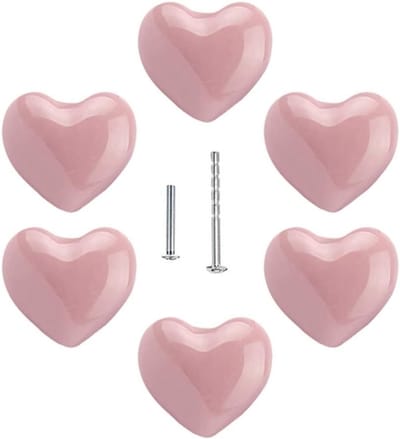 6 Stuks Hartvormige Keramische Knoppen voor Kinderen - Schattige Handgrepen voor Lades, Kasten en Deuren - Perfect voor Kinderkamers en DIY Projecten (Roze)