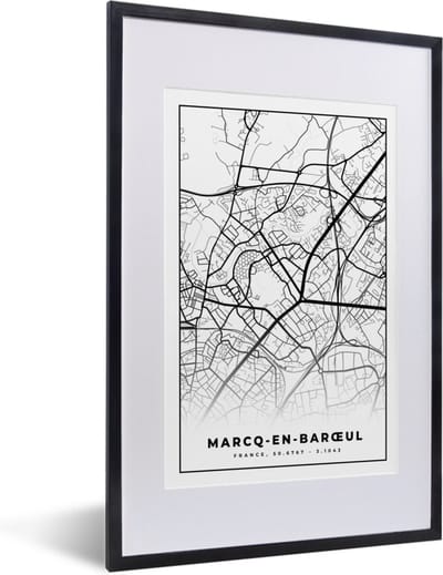 Fotolijst incl. Poster Zwart Wit- Kaart – Stadskaart – Marcq-en-Barœul - Frankrijk – Plattegrond - Zwart wit - 40x60 cm - Posterlijst