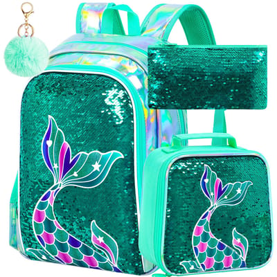 Turquoise Zeemeermin Staart Pailletten Rugzak voor Meisjes 3 STuks Duurzaam Waterbestendig Schoolrugzak Set met Lunchtas Etui voor Kleine K blue