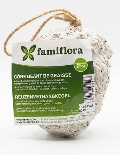 Famiflora Reuzenvethangkegel Dennenappel - 300g - Talg & Zaden - 100% Natuurproduct - Natuurlijke dennenappel basis - Boordevol zaden en maïs - Direct op te hangen