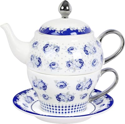 Porseleinen Theepot met blauwe rozen en stippen - Theeset voor één persoon