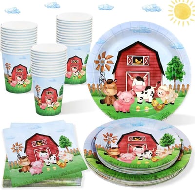 Verjaardagsfeestset voor boerderijthema - 100-delig - Decoraties voor 25 gasten - Schuurfeest - Babyshower - Feestborden, bekers en servetten