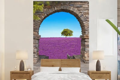 Behang - Fotobehang Bloemen - Lavendel - Boom - Doorkijk - Breedte 225 cm x hoogte 350 cm