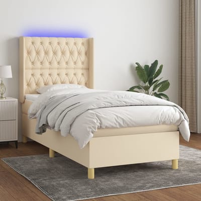vidaXL - Boxspring - met - matras - en - LED - stof - crèmekleurig - 100x200 - cm