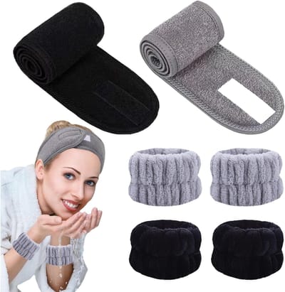 6-delige Spa Set - Zachte Rekbare Hoofdbanden en Stickers voor Gezichtsverzorging, Douchen, Sport en Yoga (Zwart + Grijs)