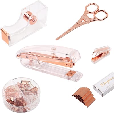 Bureaudecoratieset voor dames in roségoud met nietmachine tape-dispenser nietjesverwijderaar torenschaar esthetische schoolbenodigdheden meisjes