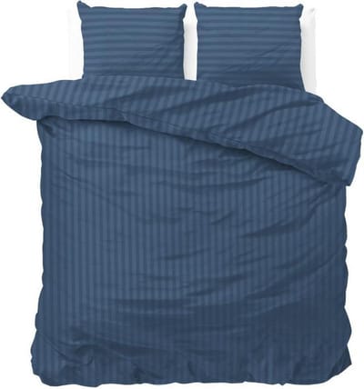 2-persoons dekbedovertrek (dekbed hoes) navy blauw / donkerblauw gestreept met fijne smalle strepen / banen tweepersoons 200 x 220 cm (rustig uni / effen beddengoed, slaapkamer jong en oud)