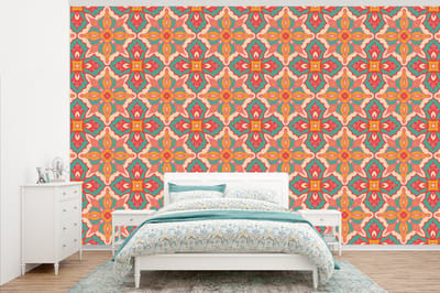 Behang - Fotobehang Patroon - Hippie - Oranje - Breedte 345 cm x hoogte 220 cm