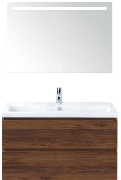 Vogue Badmeubelset 100 cm - Greeplijst in Kleur - Walnoot - Keramische Wastafel Wit 1 Kraangat met Sence Spiegel