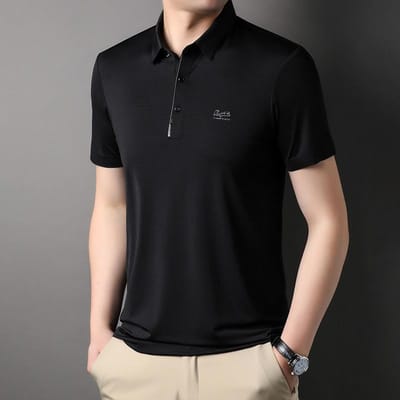 T-shirt d'été sans couture en soie glacée à revers et manches courtes pour hommes, T-shirt polo imprimé stretch business décontracté pour hommes 4XL