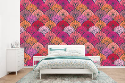 Behang - Fotobehang Patronen - Art Deco - Roze - Bloemen - Breedte 385 cm x hoogte 240 cm