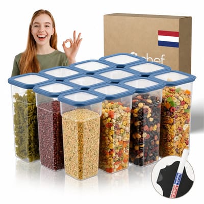 Soft Chef Viola 12-delige vierkante voedselbewaarset – 12 x 1850 ml – BPA-vrije voedselcontainers met blauwe deksels – stapelbaar & ruimtebesparend – inclusief labels & marker – vaatwasmachinebestendig