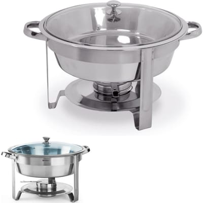 HENDI Ronde chafing dish – glazen deksel – 3,5L – inclusief brandpastahouder – roestvast staal