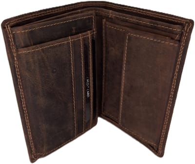 Oi Hunter bruine leren heren portemonnee hoog model / platte billfold voor veel pasjes / hoge dunne beurs met pasjes verticaal / anti skim / bruin leer / 600