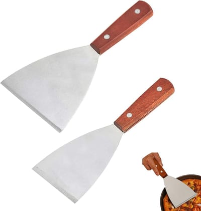 Roestvrijstalen spatel met houten handvat voor barbecue - 2 stuks Geschikt voor teppanyaki vlees grillen en grillpan reinigen Vaatwasmachinebestendig