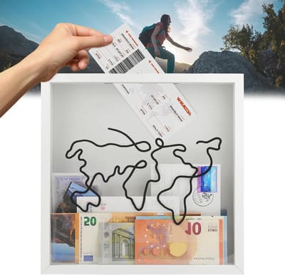 Reisavontuur Herinneringen Box, Witte Schaduwdoos voor Ticket en Wereldkaart Ontwerp, Perfect voor Reisherinneringen en Decoratie (1 Stuk, 11×11 in)