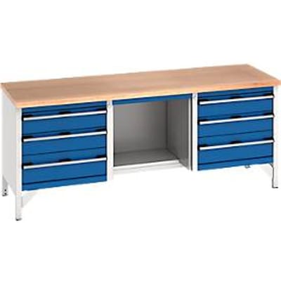Bott werkbank, beuken multiplex blad, B 2000 x D 750 x H 840 mm, 6 laden, lichtgrijs/gentiaanblauw
