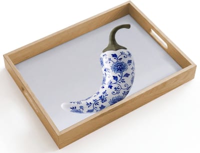 Dienblad hout 40x30 cm - Schootdienblad - Chilipeper - Keramiek - Blauw - Borrelplank rechthoek - Plateau dienbladen