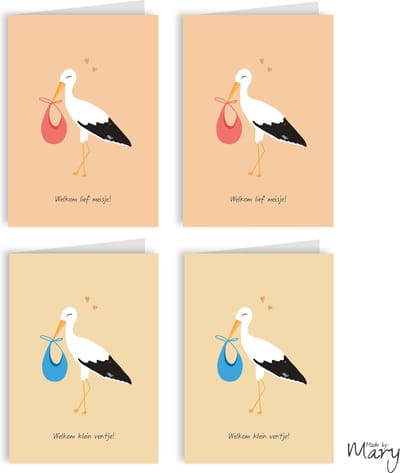 12x geboorte kaartje ooievaar illustratie - Gevouwen wenskaarten geboorte - Felicitatie geboortekaartjes met kraft enveloppen