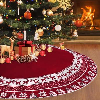 Kerstboomrok 90cm Gehaakt Kerstboomdeken Rond met Elken en Sneeuwvlokken voor Feestelijke Versiering en Kerstdecoratie in Rood