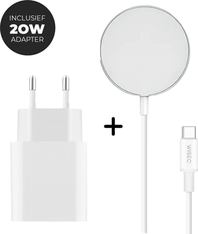 Draadloze oplader geschikt voor MagSafe / iPhone / AirPods - inclusief 20W snellader en USB C oplaadkabel 1 meter - wit - WiseQ