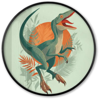 Poster in lijst Rond - Fotolijst 60x60 cm - Posters - Dino - Bladeren - Grafisch - Groen - Ronde posterlijst zwart - Decoratie - Wanddecoratie woonkamer - Muurdecoratie slaapkamer