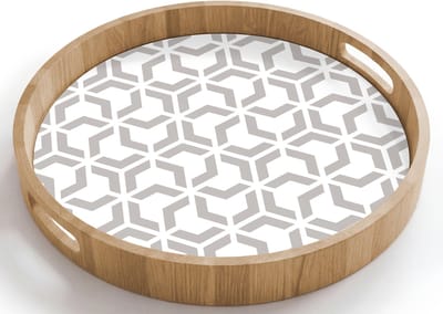 Dienblad rond 40x40 cm - Schootdienblad hout - Grafisch - Patroon - Modern - Borrelplank rechthoek - Plateau houten dienbladen