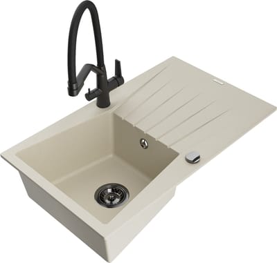 Mexen Cesar granieten spoelbak 1-komors met afdruiprek en keukenkraan Duo, beige - 6514-69-671701-70-B