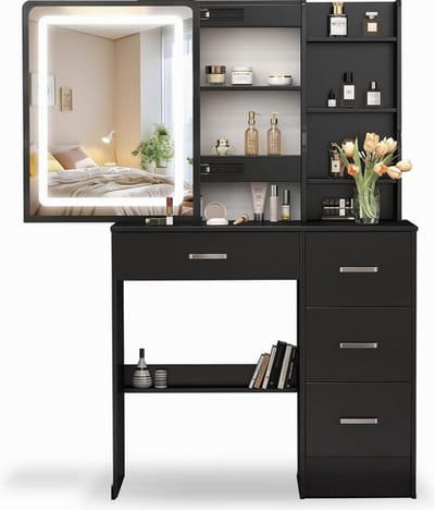 Make-uptafel met professionele LED-verlichting - Make-uptafel 80 cm met uitschuifbare spiegel, geïntegreerde opbergruimte, zwart