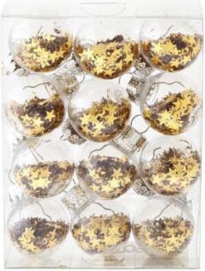 Cosy @ Home kerstbal transparant goud sterren set 12 kleine ballen 3 cm diameter