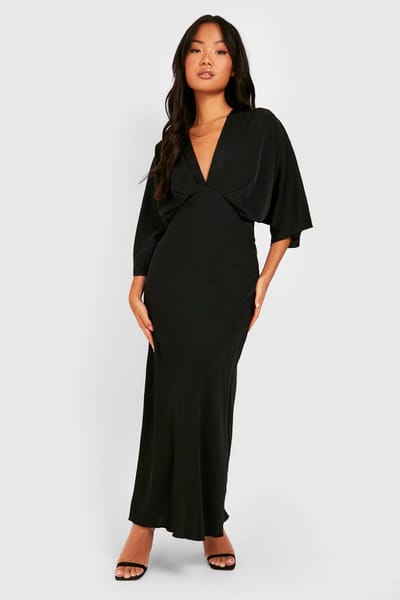 boohoo Dames Petite Bias Cut Engelmouwen Maxi-Jurk | Zwart | Maat: 32