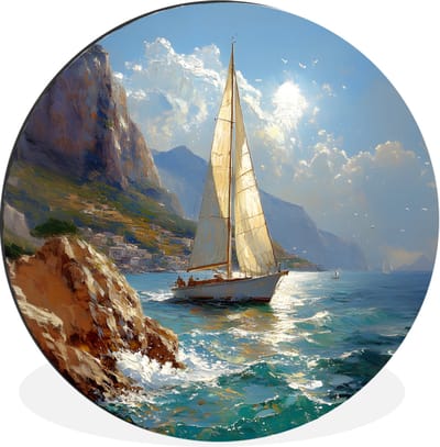 WallCircle - Wandcirkel - Muurcirkel - Zeilschip - Zee - Rotsen - Wolken - Aluminium - Dibond - 30x30 cm - Binnen en Buiten
