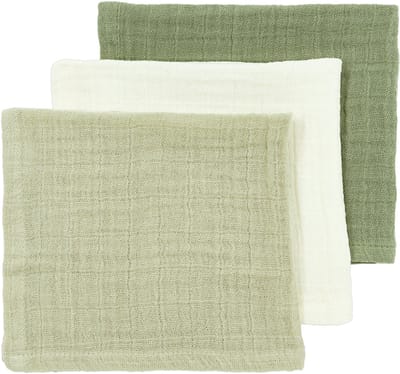 Meyco Baby Uni Monddoekjes - 3 Stuks - Pre-Washed Hydrofiel - 30 x 30 cm - Naturel/Soft Olive/Olive Green