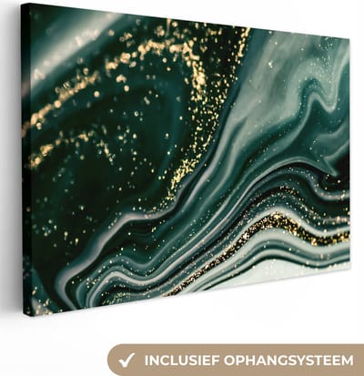 Canvas schilderij 150x100 cm - Wanddecoratie Marmerlook - Goud - Groen - Glitter - Design - Marmer - Muurdecoratie woonkamer - Slaapkamer decoratie - Kamer accessoires - Schilderijen op canvas