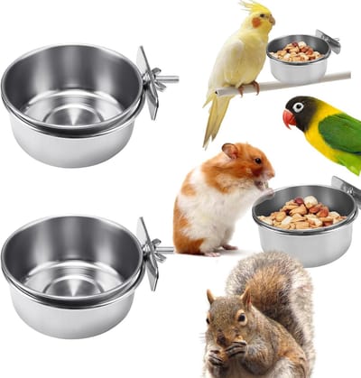 Daity Set van 2 - Roestvrijstalen voerbakjes met klemmen - roestbestendige metalen voerbekers en gemakkelijk te reinigen waterbakjes - geschikt voor kleine dieren zoals valkparkieten - conures - grasparkieten en parkieten (9,9 cm, zilver).