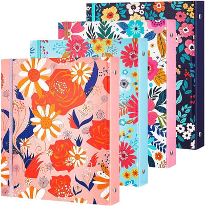4 Pack Mini Binders 5.5 x 8.5 Three Ring, 1 Inch Marble Band, Flower Ocean Decorative Hardcover with Elastic Cord, Binder for School, Office Use, Recipe Tape, Photo Album Pages (Flower)