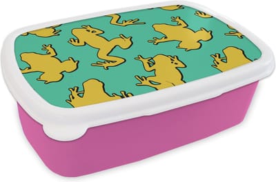 Broodtrommel Roze - Lunchbox - Brooddoos - Patroon - Jungle - Kikkers - 18x12x6 cm - Kinderen - Meisje
