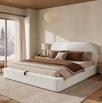 MEUNIQ Tweepersoonsbed 180 x 200 cm met hydraulische opbergruimte, lattenbodem en gevoerd hoofdbord, bouclé stof, beige bed voor slaapkamer