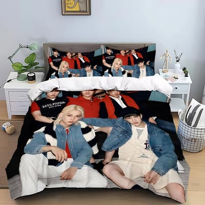 KPOP Dekbedovertrek Kussensloop S-Stray-K-Kids Beddengoed Set Volwassene Jongen Meisje Slaapkamer Decoratie Kindercadeau Enkel Dubbel Grote Maat AU Single(140*210cm)3pcs