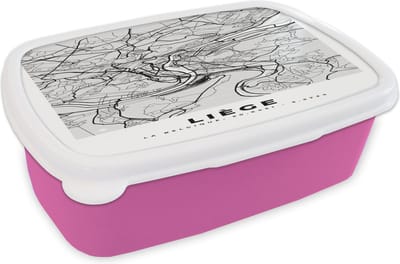 Broodtrommel Roze - Lunchbox - Brooddoos - Kaart – Plattegrond – Stadskaart – Liège – België – Zwart Wit - 18x12x6 cm - Kinderen - Meisje