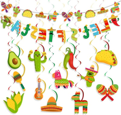 Feestdecoratie voor Mexicaans Themafeest, 14 Stuks Hangende Decoratie met Fiesta Banner en Spiralen, Perfect voor Cinco de Mayo en Feestelijke Muur- en Plafondversiering