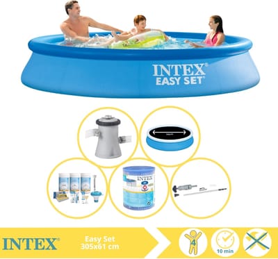 Intex Rond Opblaasbaar Easy Set Zwembad - 305 x 61 cm - Blauw - Inclusief Pomp - Solarzeil - Onderhoudspakket - Filter - Stofzuiger - 6-delig